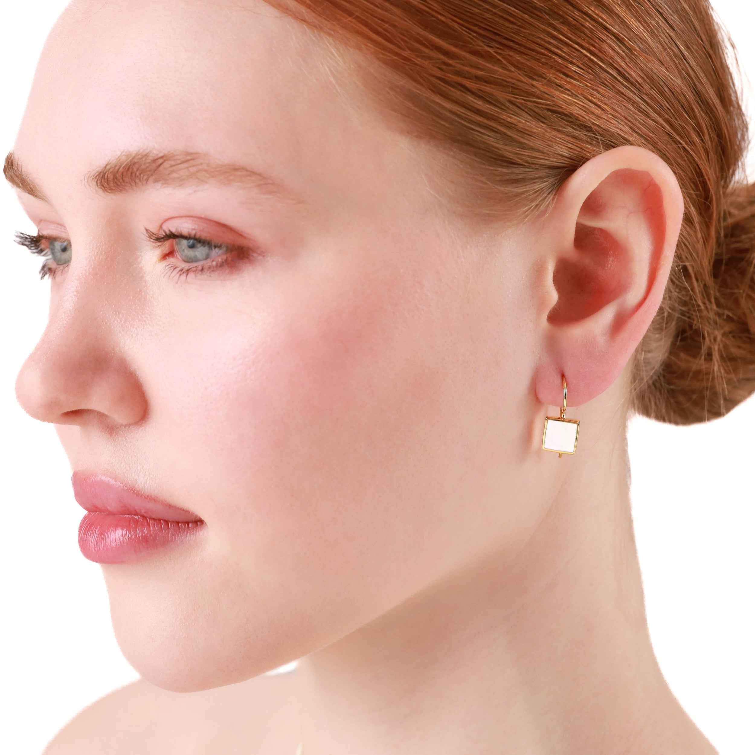 9MM Square Shape Pink Mother Of Pearl Shell Inlay White Gold Plated 925 Sterling Silver Basic Hook Closure Earrings