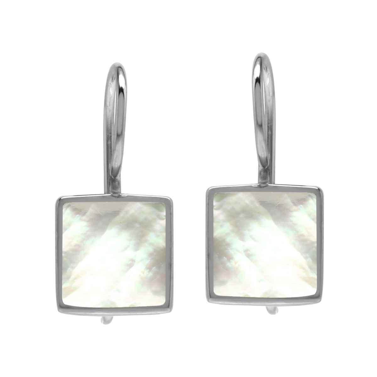 9MM Square Shape White Mother Of Pearl Shell Inlay White Gold Plated 925 Sterling Silver Basic Hook Closure Earrings=