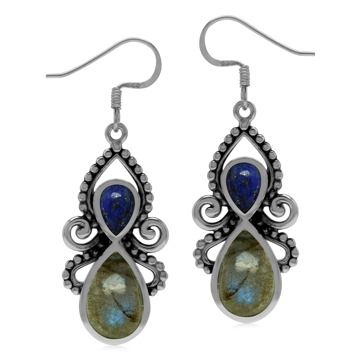 Natural Labradorite and Blue Lapis Lazuli Stone 925 Sterling Silver Dangle Hook Earrings silvershake