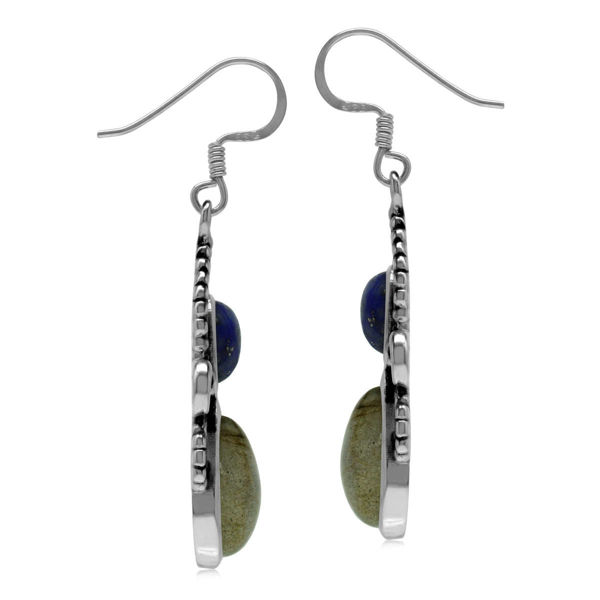 Natural Labradorite and Blue Lapis Lazuli Stone 925 Sterling Silver Dangle Hook Earrings silvershake