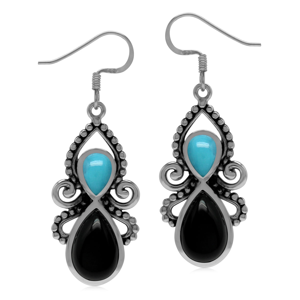 Natural Black Onyx and Blue American Turquoise Stone 925 Sterling Silver Dangle Hook Earrings silvershake