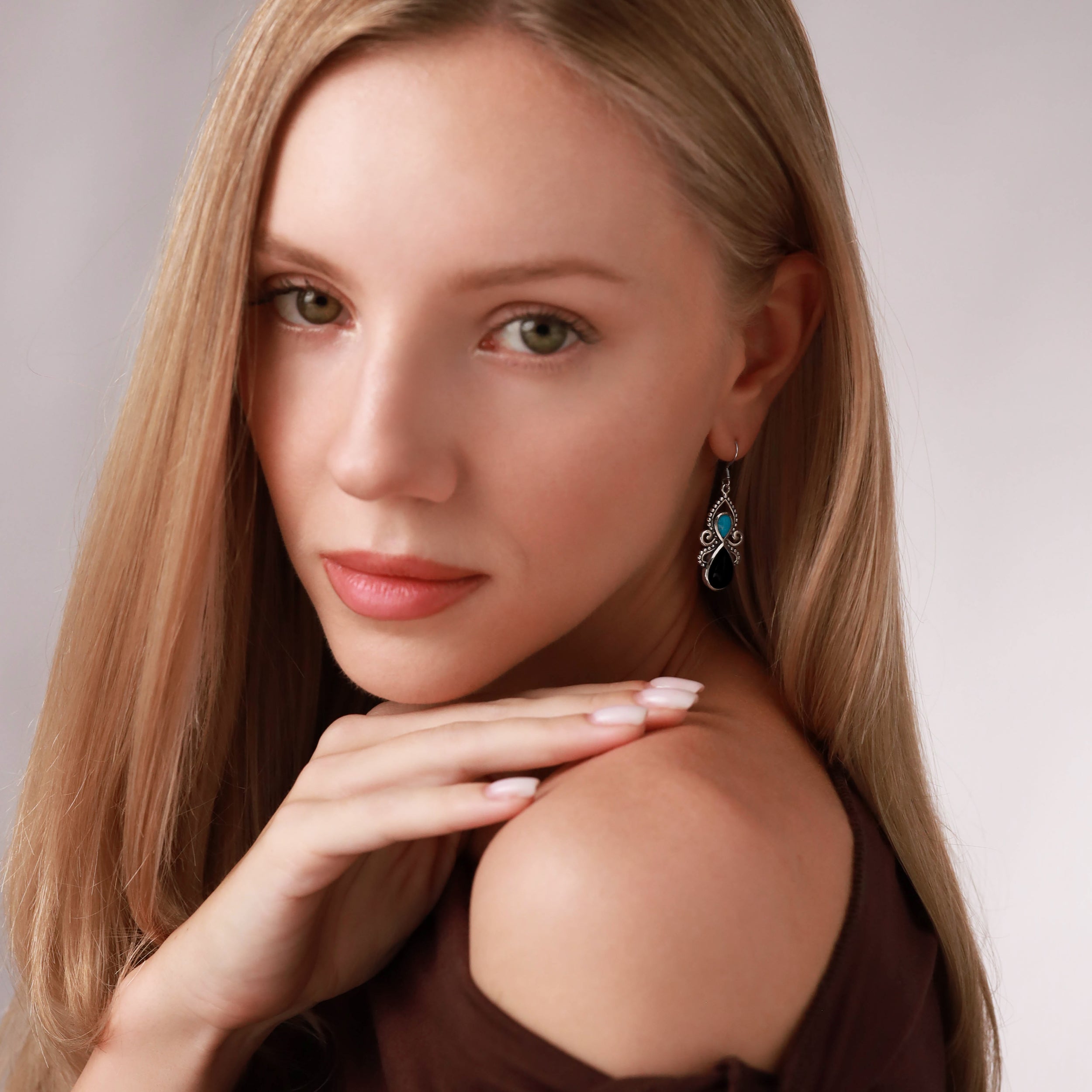 Natural Black Onyx and Blue American Turquoise Stone 925 Sterling Silver Dangle Hook Earrings silvershake
