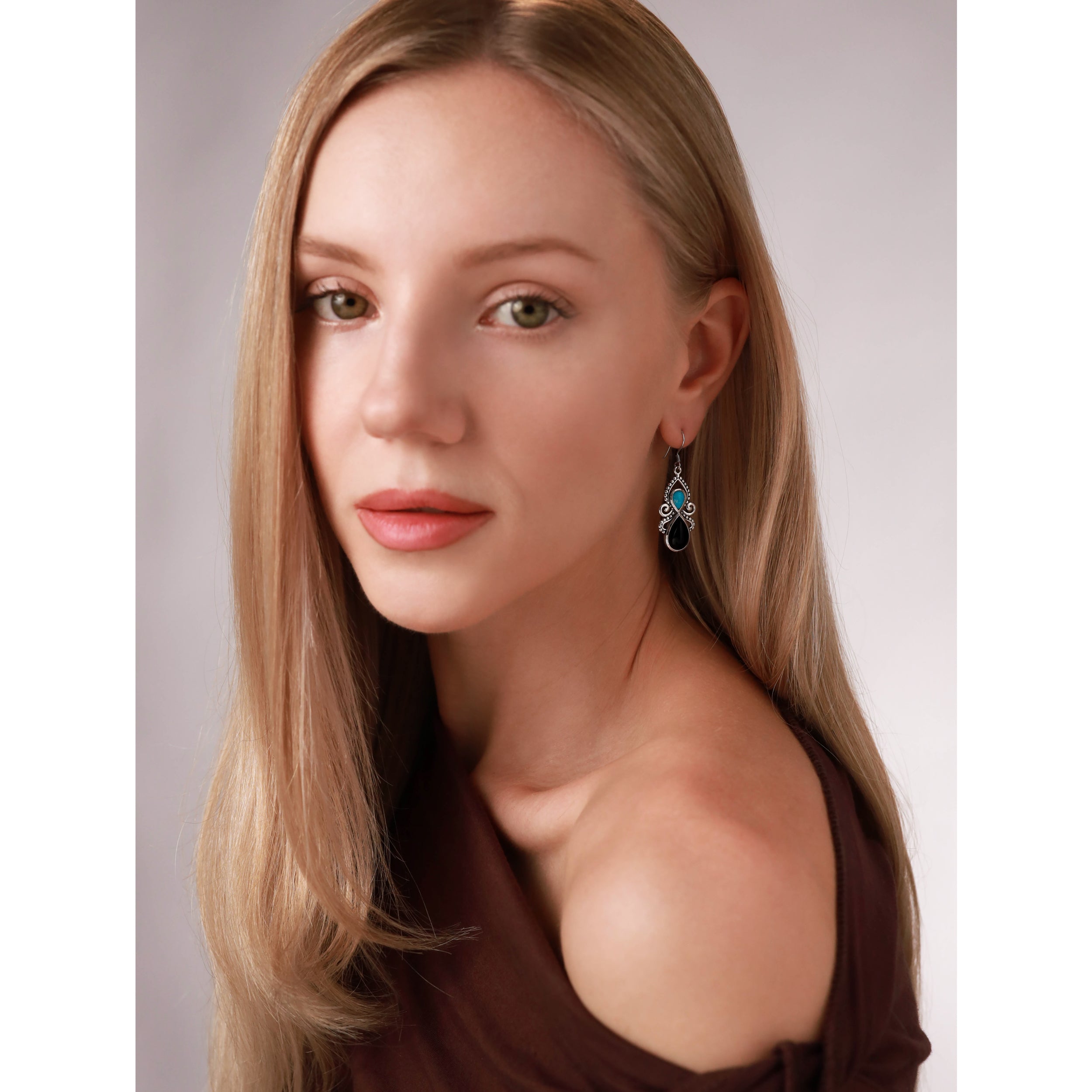Natural Black Onyx and Blue American Turquoise Stone 925 Sterling Silver Dangle Hook Earrings silvershake