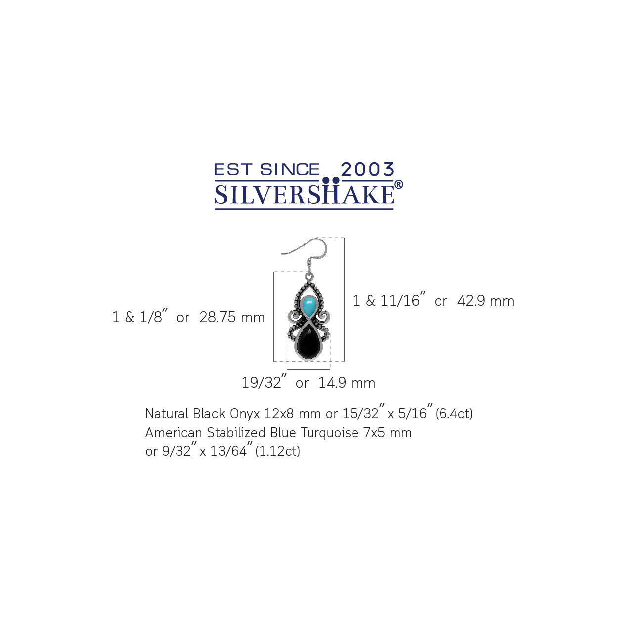Natural Black Onyx and Blue American Turquoise Stone 925 Sterling Silver Dangle Hook Earrings silvershake