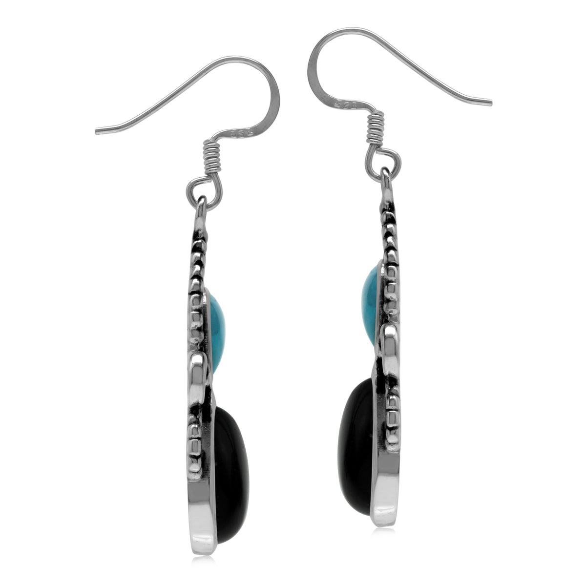 Natural Black Onyx and Blue American Turquoise Stone 925 Sterling Silver Dangle Hook Earrings silvershake