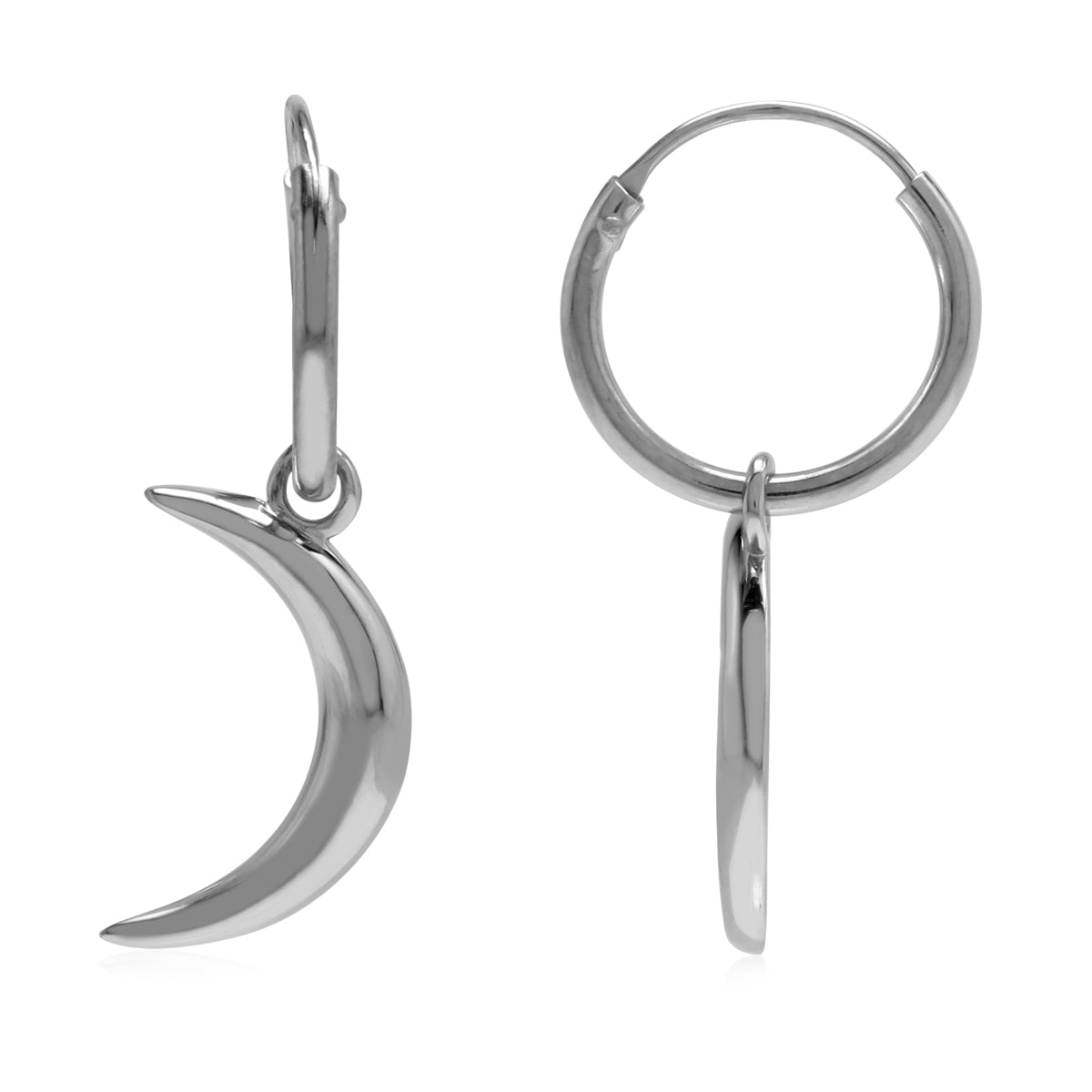 White Gold Plated 925 Sterling Silver Dangle Cresent Moon in Hoop Earrings