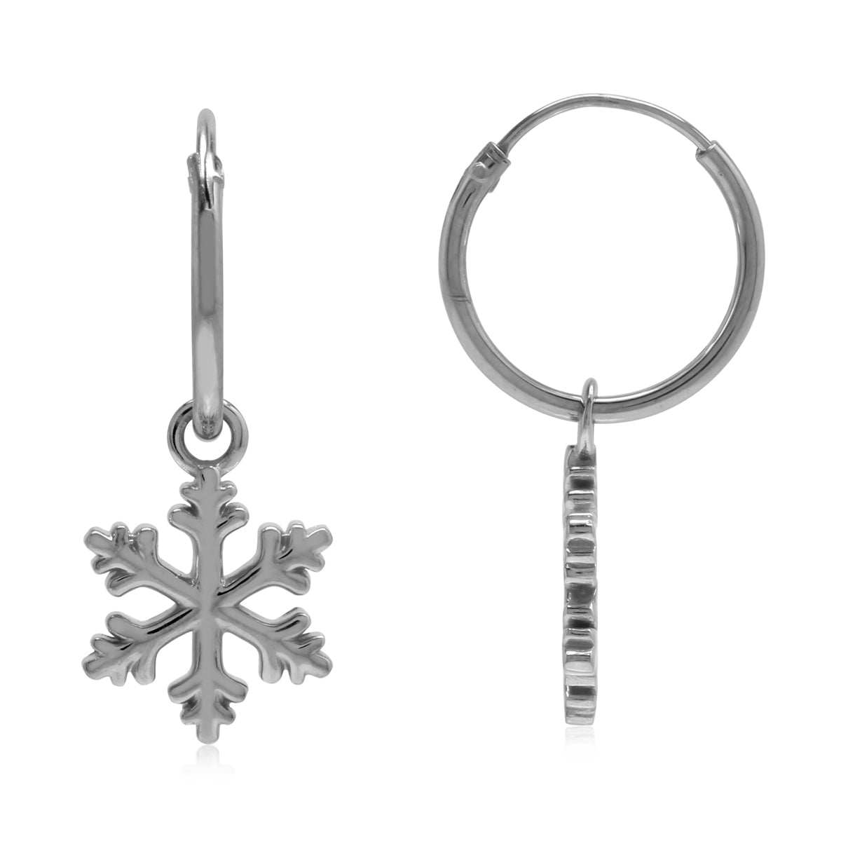 White Gold Plated 925 Sterling Silver Dangle Snowflake in Hoop Earrings