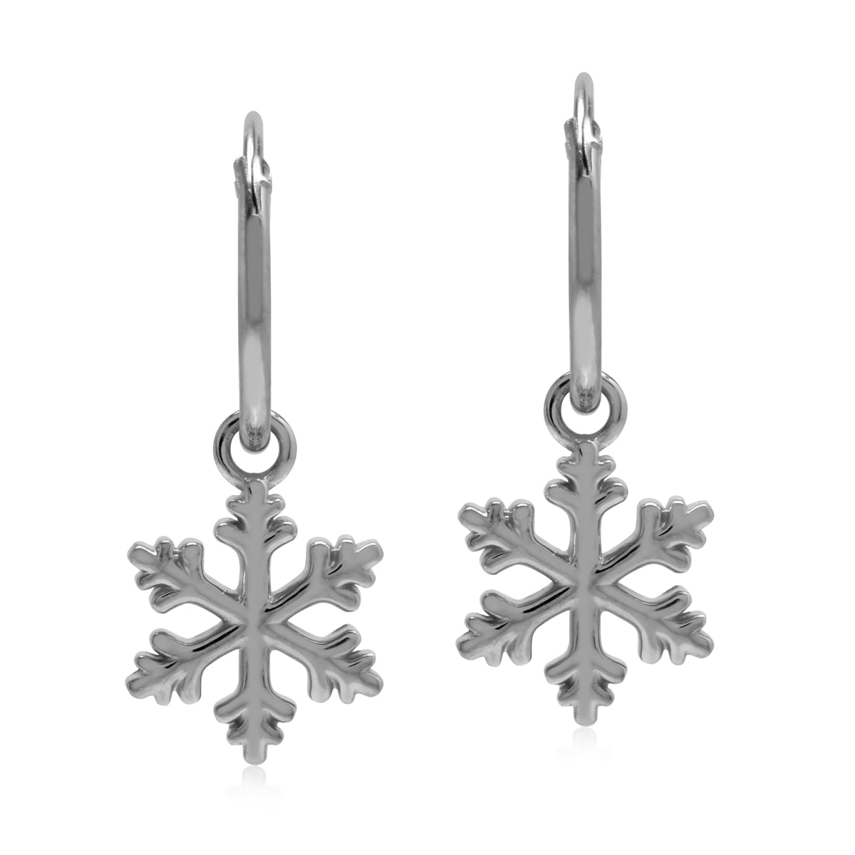 White Gold Plated 925 Sterling Silver Dangle Snowflake in Hoop Earrings