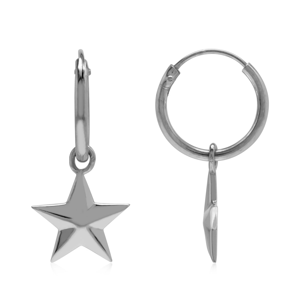 White Gold Plated 925 Sterling Silver Dangle Star in Hoop Earrings