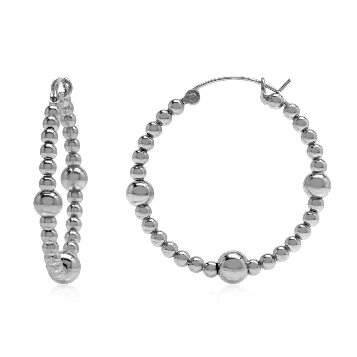 33MMx6MM White Gold Plated 925 Sterling Silver Beads Ball Hoop Earrings