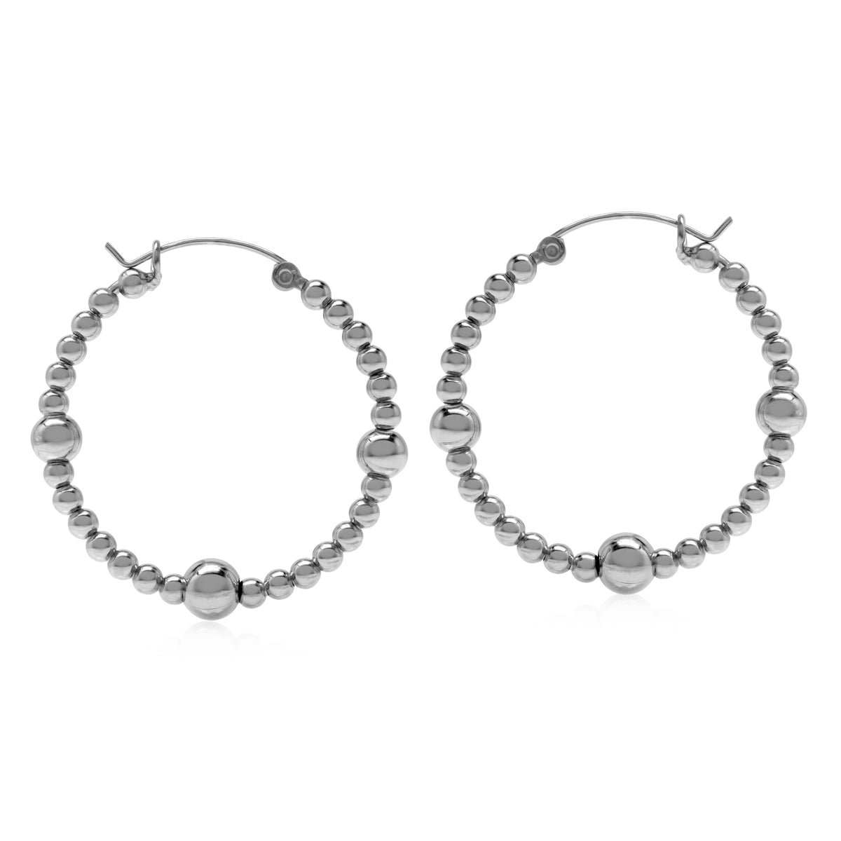 33MMx6MM White Gold Plated 925 Sterling Silver Beads Ball Hoop Earrings