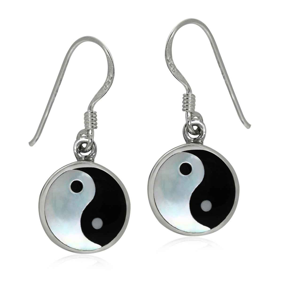 White Mother Of Pearl & Black Onyx 925 Sterling Silver Yin Yang Dangle Earrings