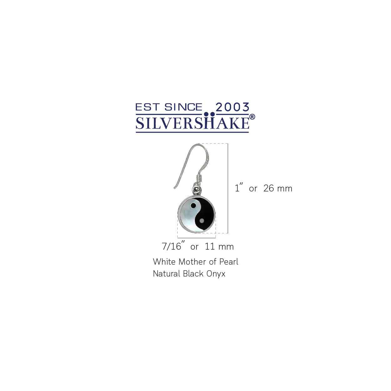 White Mother Of Pearl & Black Onyx 925 Sterling Silver Yin Yang Dangle Earrings