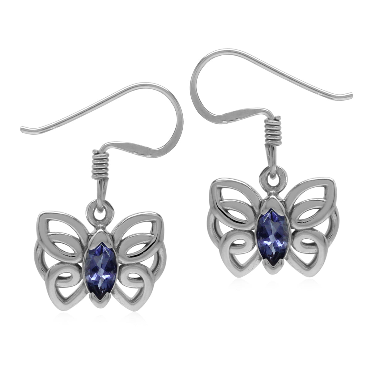 Natural Blue Iolite 925 Sterling Silver Butterfly Dangle Hook Earrings