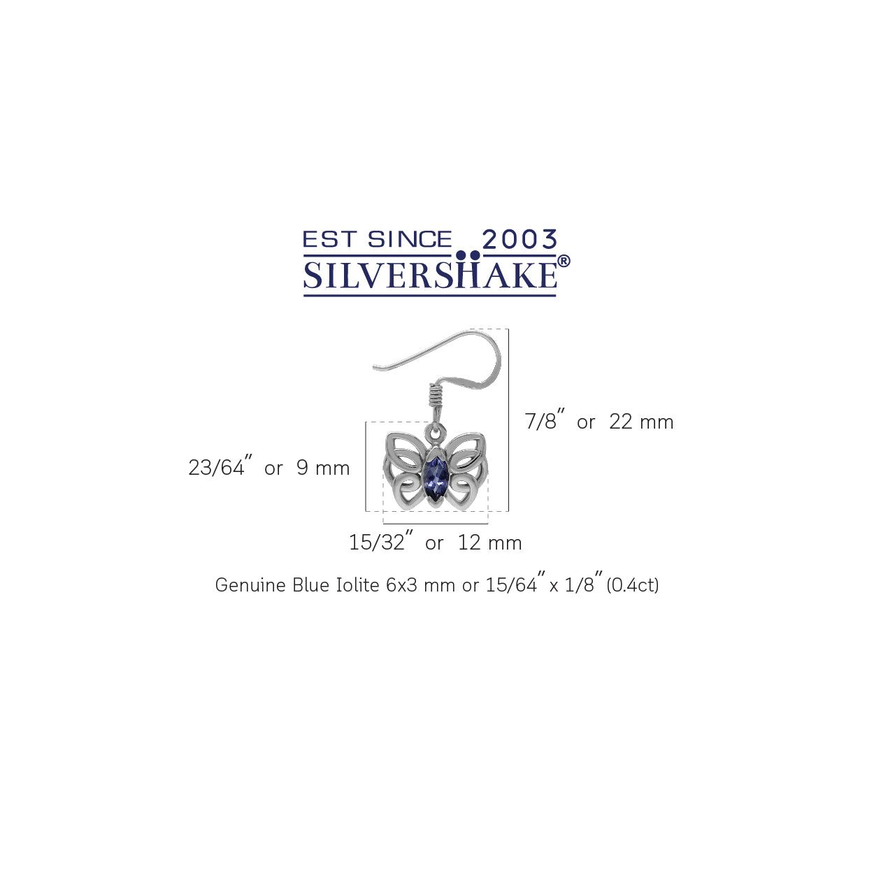 Natural Blue Iolite 925 Sterling Silver Butterfly Dangle Hook Earrings