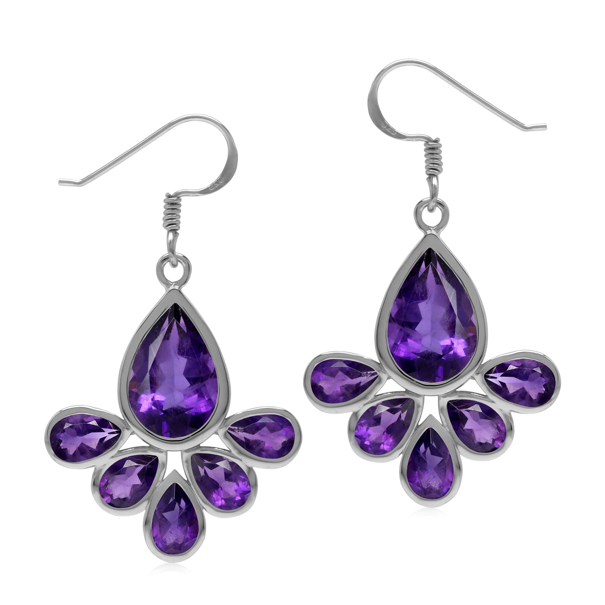 Genuine 9 Ctw Purple African Amethyst Stone 925 Sterling Silver Drop Fan Shape Dangle Earrings