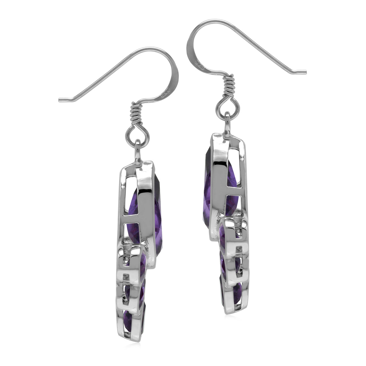 Genuine 9 Ctw Purple African Amethyst Stone 925 Sterling Silver Drop Fan Shape Dangle Earrings