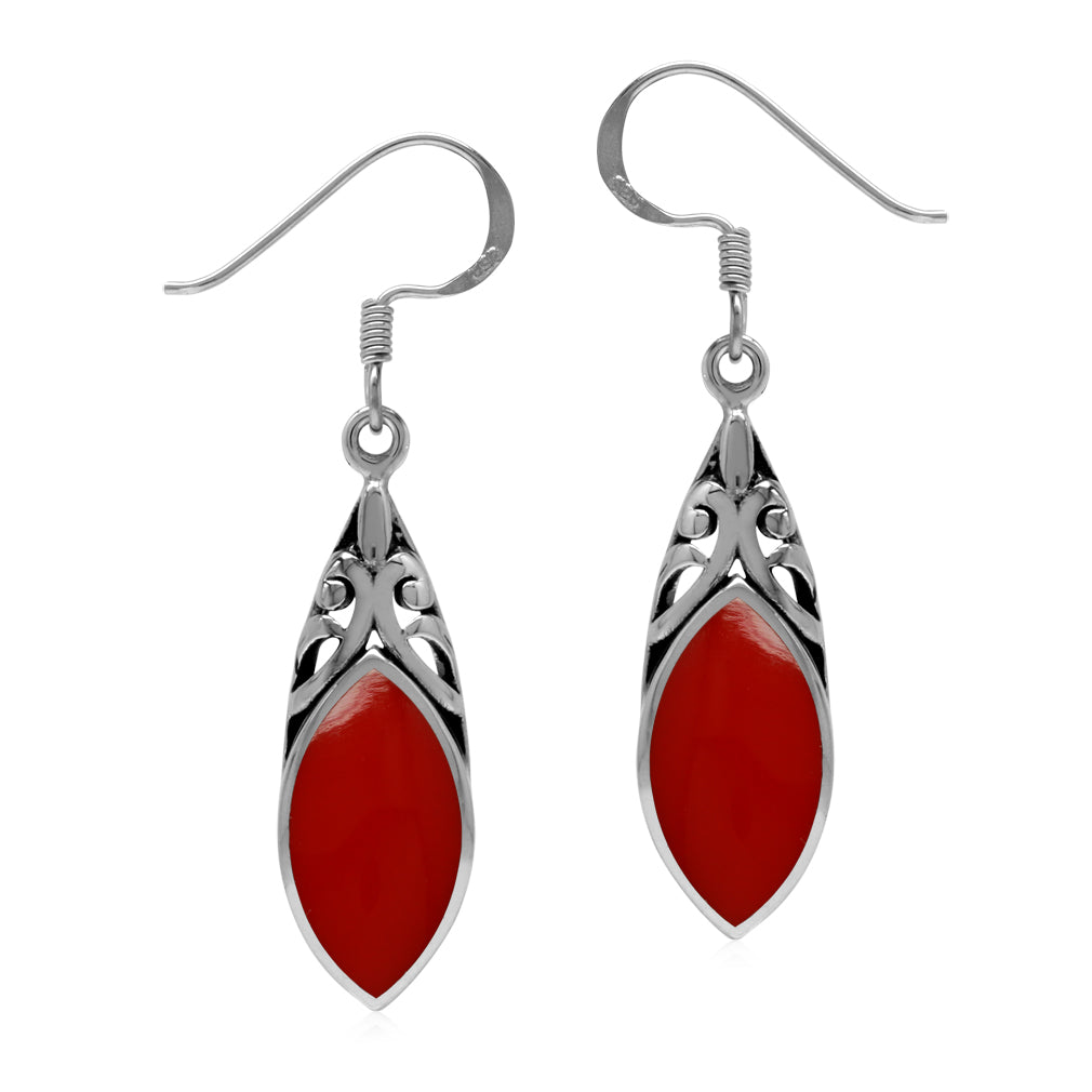 14x7MM Created Marquise Shape Red Coral 925 Sterling Silver Filigree Dangle Hook Earrings - Silvershake-store
