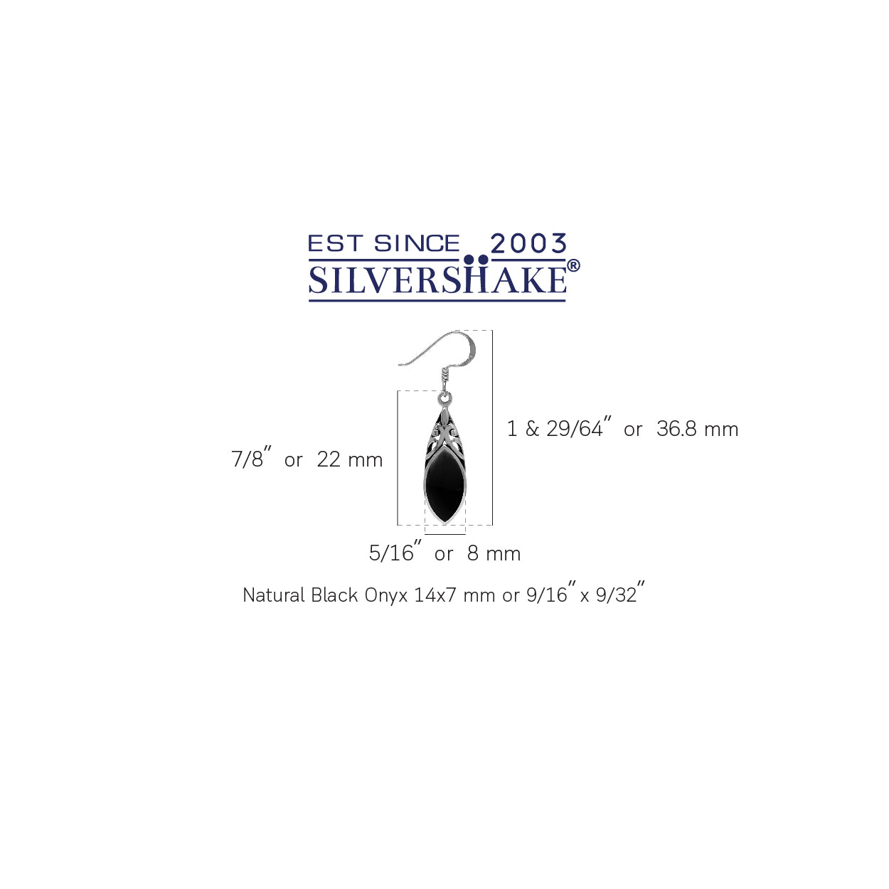 14x7MM Natural Marquise Shape Black Onyx 925 Sterling Silver Filigree Dangle Hook Earrings - Silvershake-store
