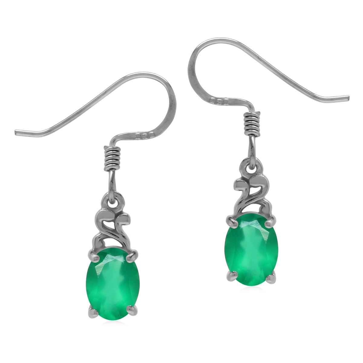 1.5 Ctw Petite Oval 7x5MM Emerald Green Agate 925 Sterling Silver Victorian Style Dangle Hook Earrings