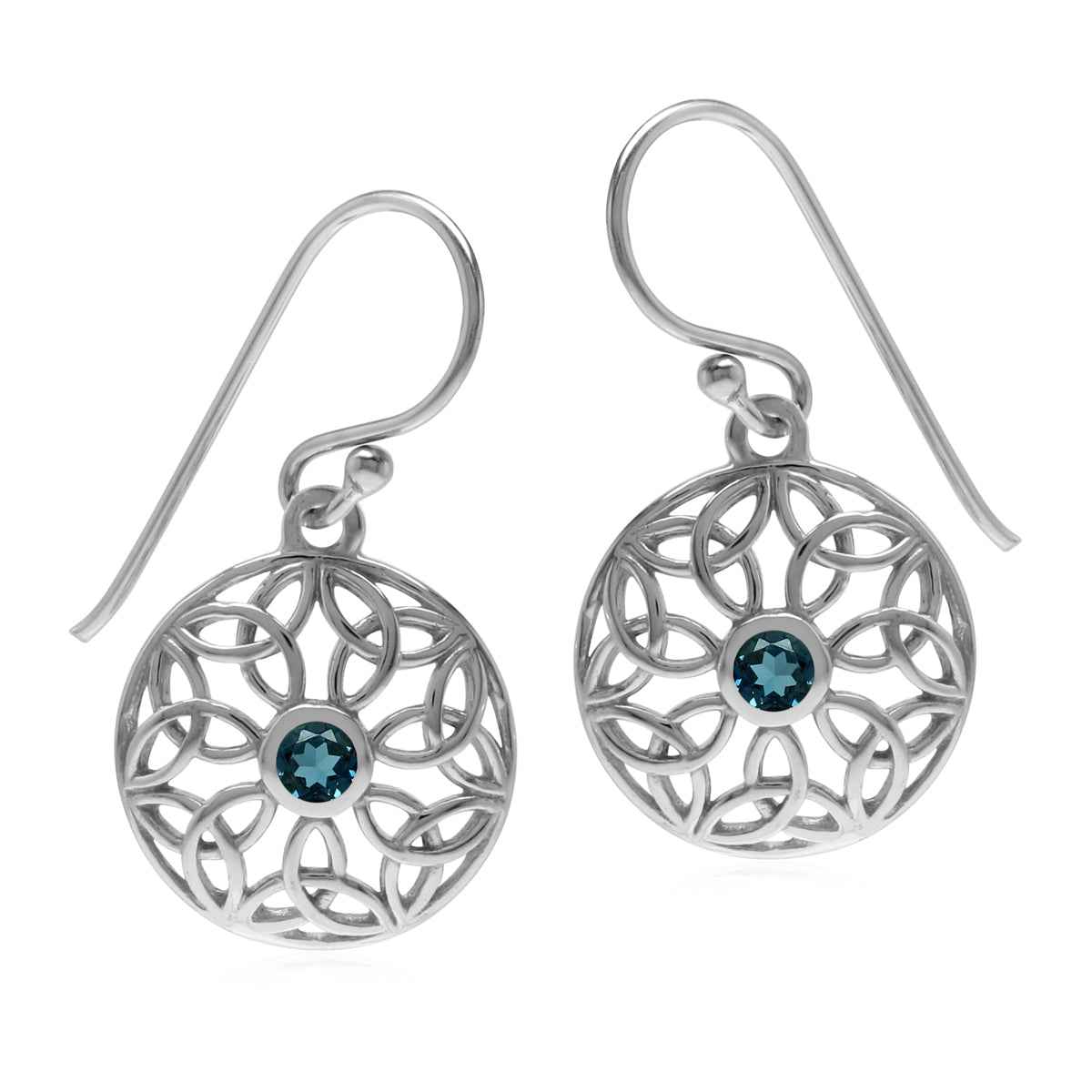 Genuine London Blue Topaz 925 Sterling Silver Triquetra Celtic Knot Circle Dangle Hook Earrings