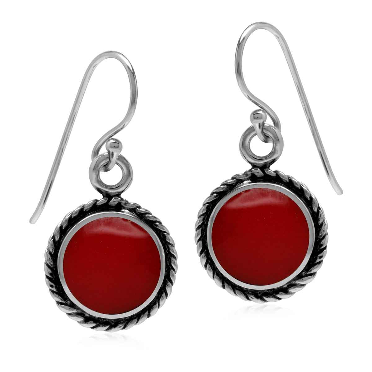 Created 10 mm Red Coral Inlay 925 Sterling Silver Rope Pattern Dangle Hook Earrings