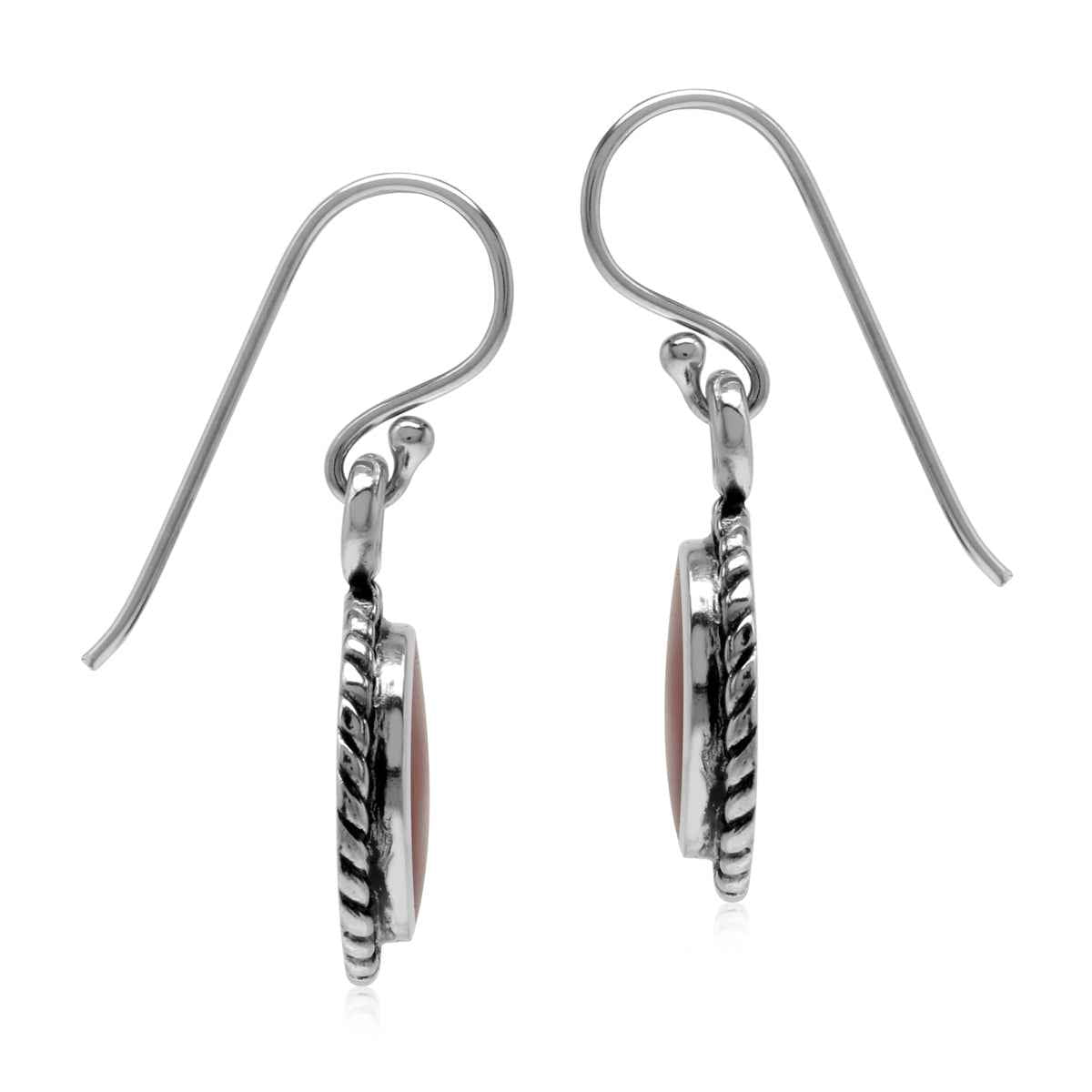Created 10 mm Red Coral Inlay 925 Sterling Silver Rope Pattern Dangle Hook Earrings