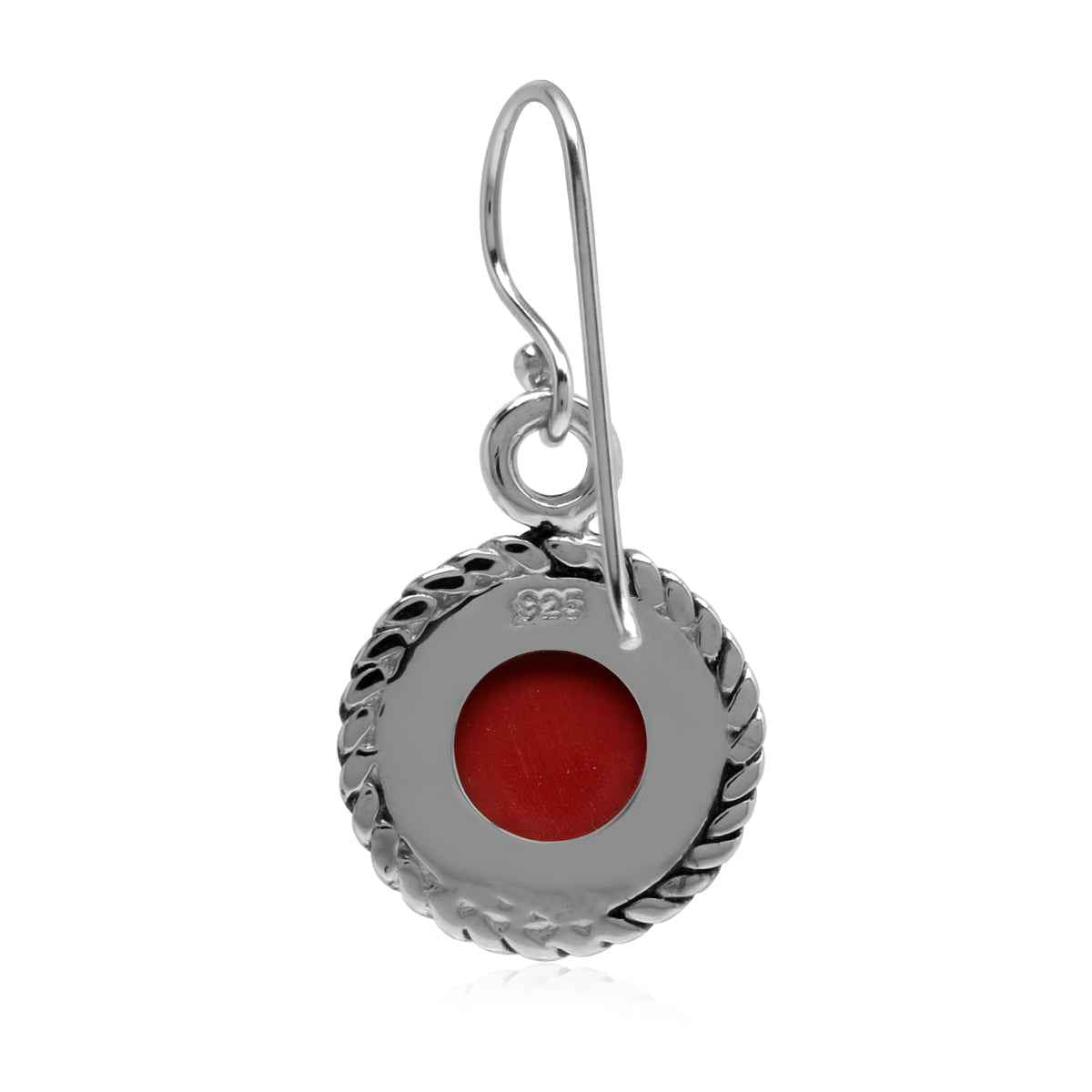 Created 10 mm Red Coral Inlay 925 Sterling Silver Rope Pattern Dangle Hook Earrings