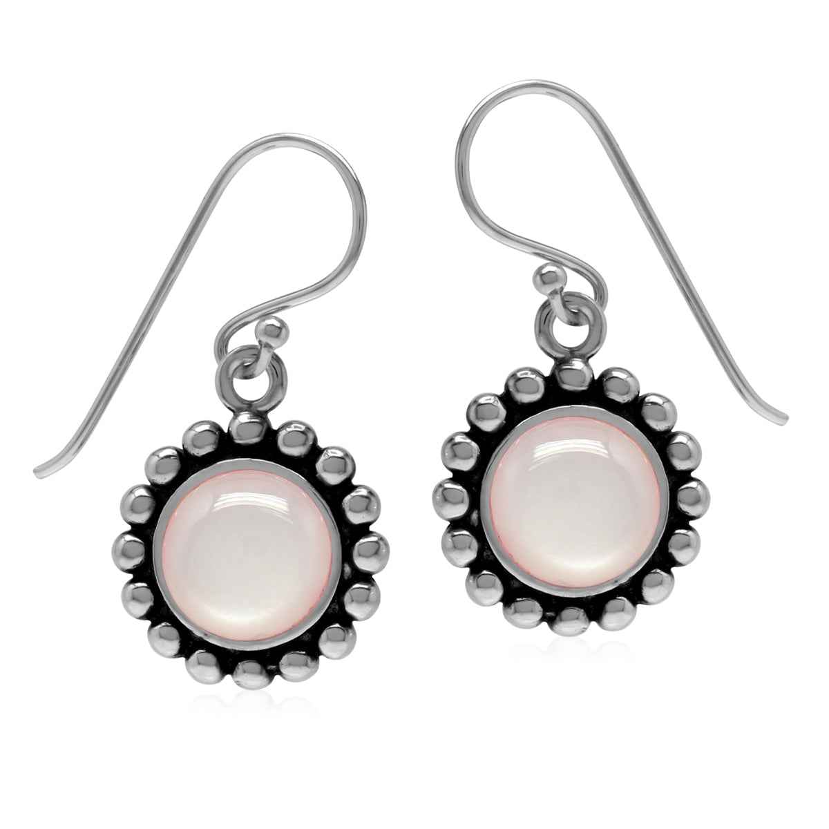 Genuine 8MM Pink Mother Of Pearl 925 Sterling Silver Bead Ball Pattern Dangle Earrings