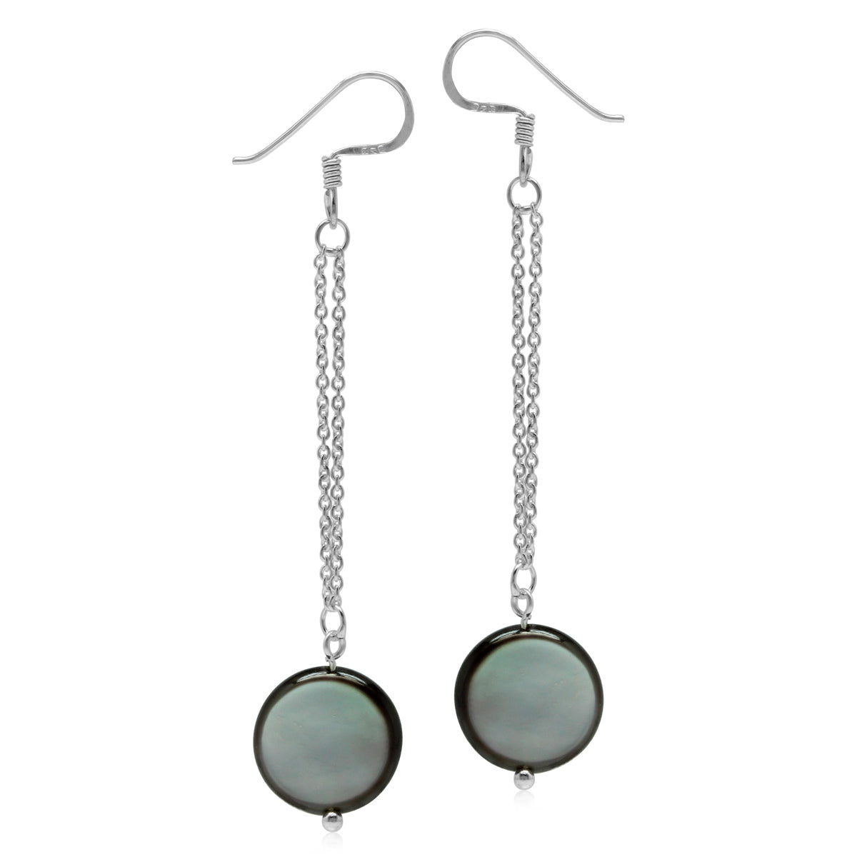 Black Mother Of Pearl Disc 925 Sterling Silver Dangle Chain Hook Earrings