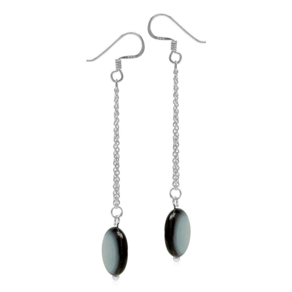 Black Mother Of Pearl Disc 925 Sterling Silver Dangle Chain Hook Earrings
