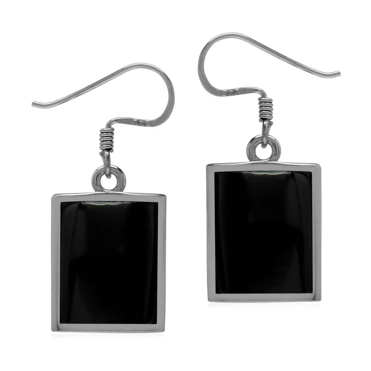 Natural Black Onyx Inlay 925 Sterling Silver Dangle Hook Earrings