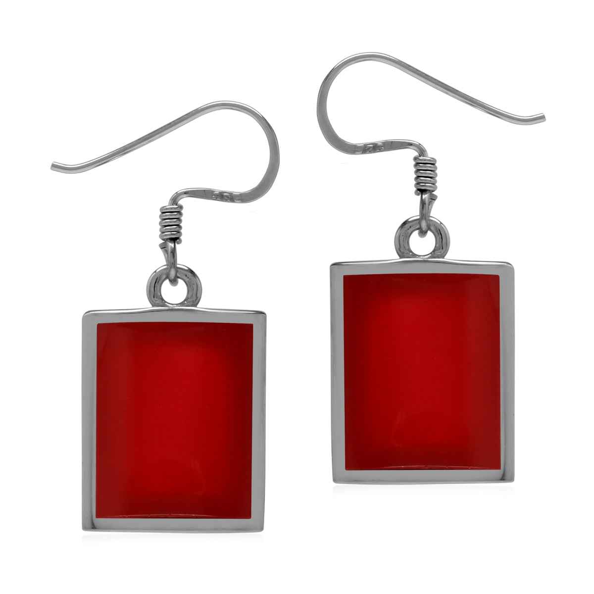 Created Red Coral Inlay 925 Sterling Silver Dangle Hook Earrings
