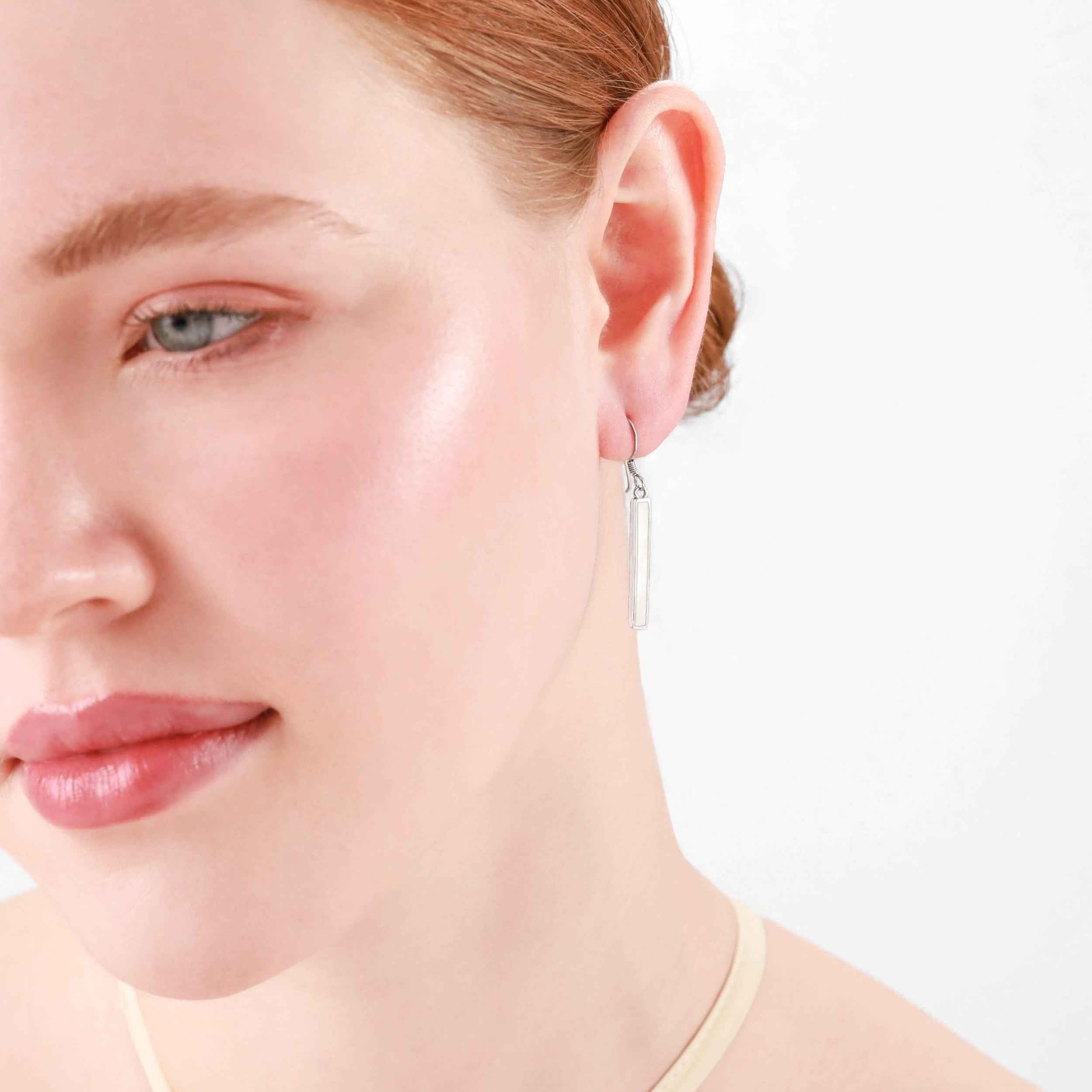 White Mother Of Pearl Inlay White Gold Plated 925 Sterling Silver Stick Dangle Hook Earrings - Silvershake-store