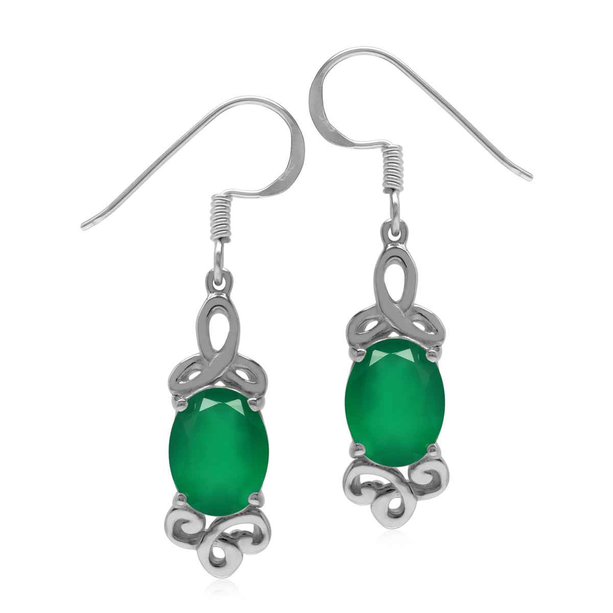2.8 ct. Natural Emerald Green Agate 925 Sterling Silver Triquetra Celtic Knot Dangle Earrings