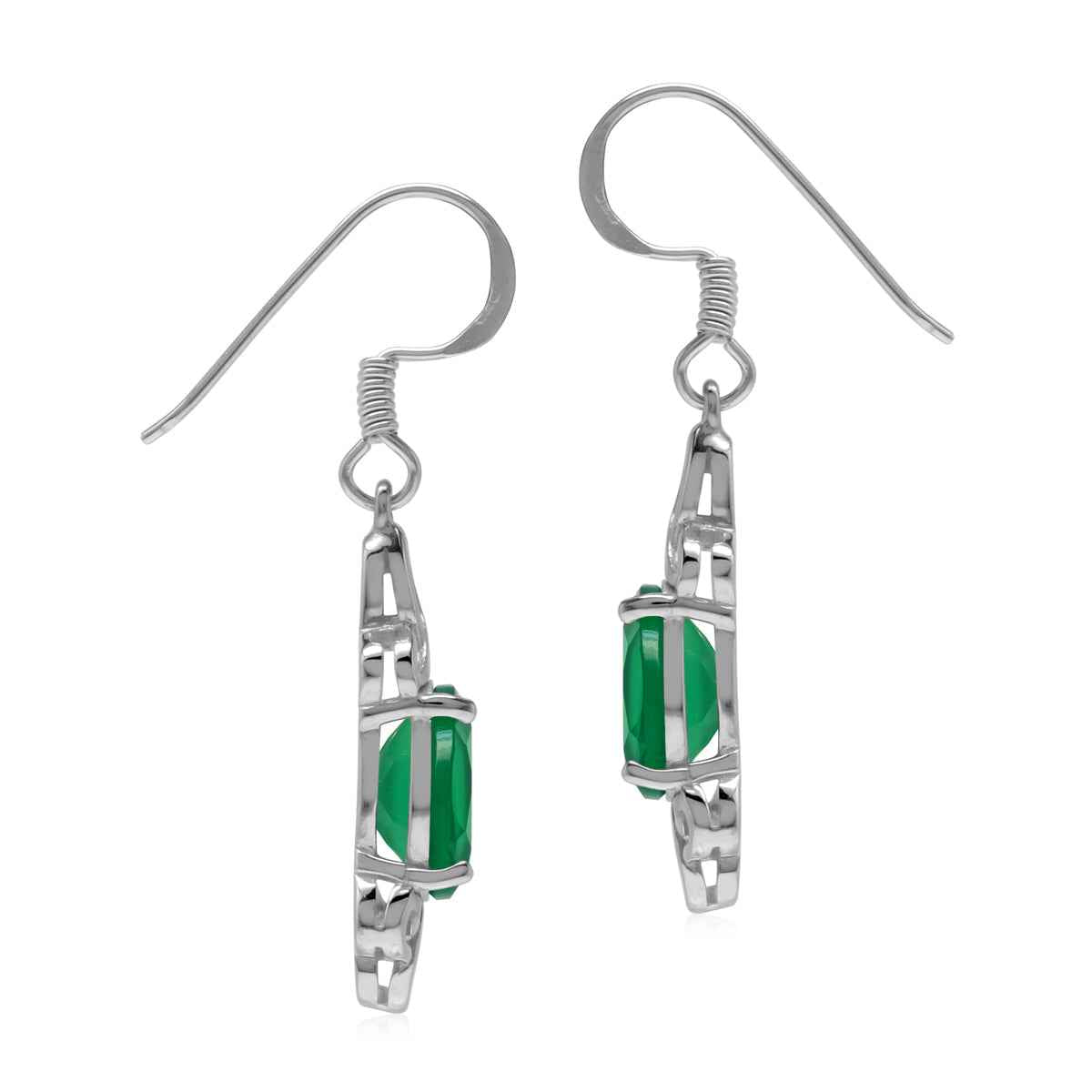 2.8 ct. Natural Emerald Green Agate 925 Sterling Silver Triquetra Celtic Knot Dangle Earrings