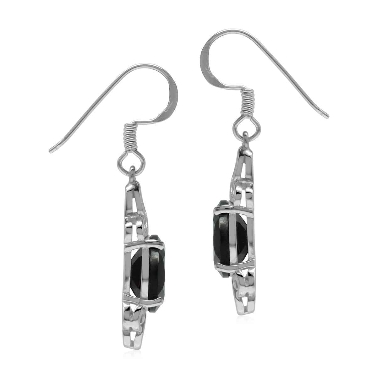 3.6 ct Black Onyx Stone 925 Sterling Silver Triquetra Trinity Celtic Knot Dangle Earrings