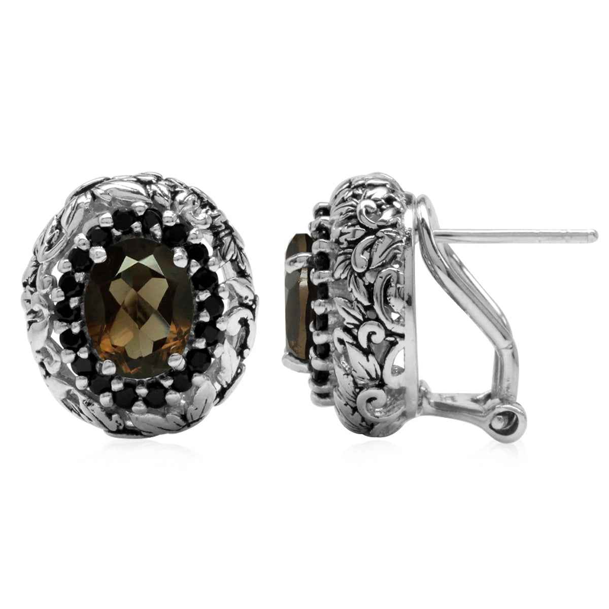 Smoky Quartz and Black Spinel 925 Sterling Silver Leaf Vintage Style Omega Clip Post Earrings