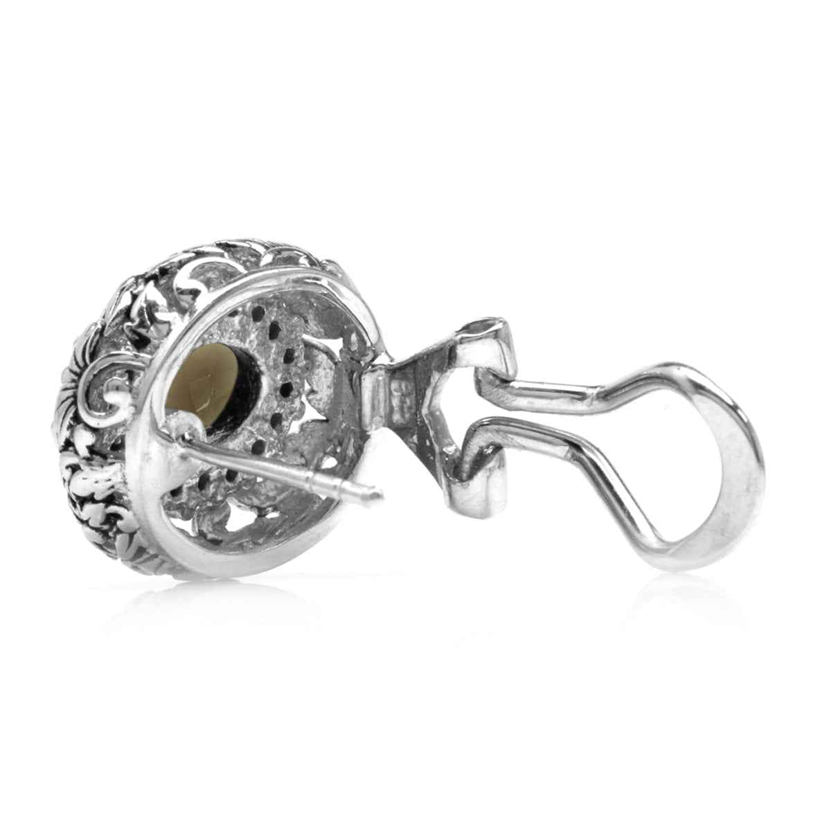 Smoky Quartz and Black Spinel 925 Sterling Silver Leaf Vintage Style Omega Clip Post Earrings