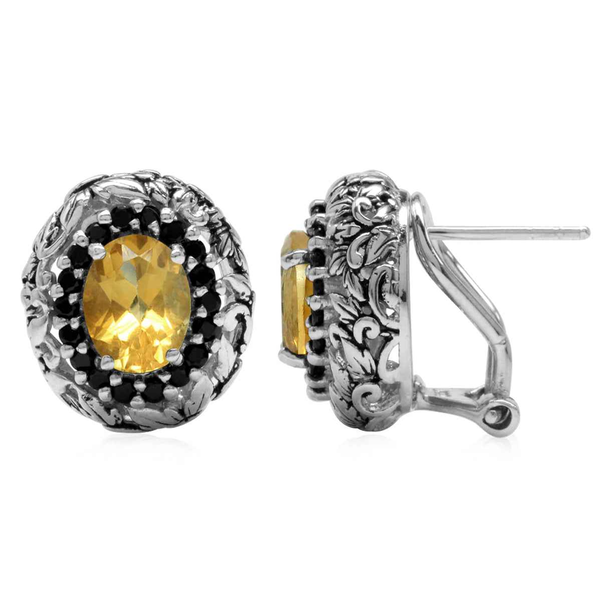 Yellow Citrine and Black Spinel 925 Sterling Silver Leaf Vintage Style Omega Clip Post Earrings Gemstone