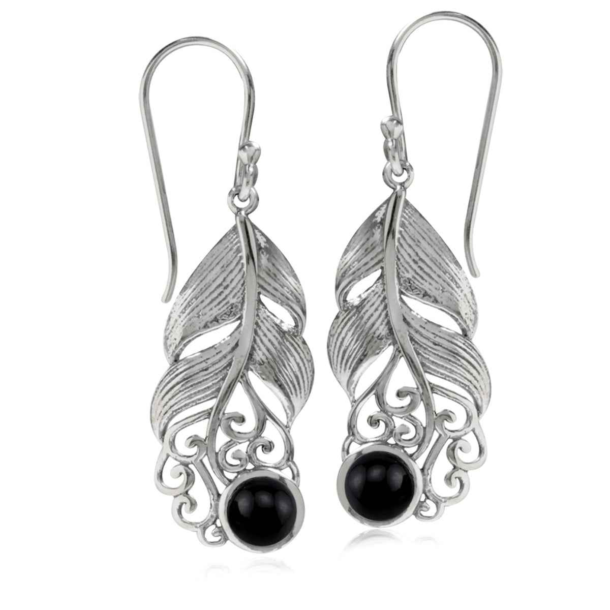 Natural Black Onyx Stone 925 Sterling Silver Feather Victorian Style Dangle Hook Long Earrings