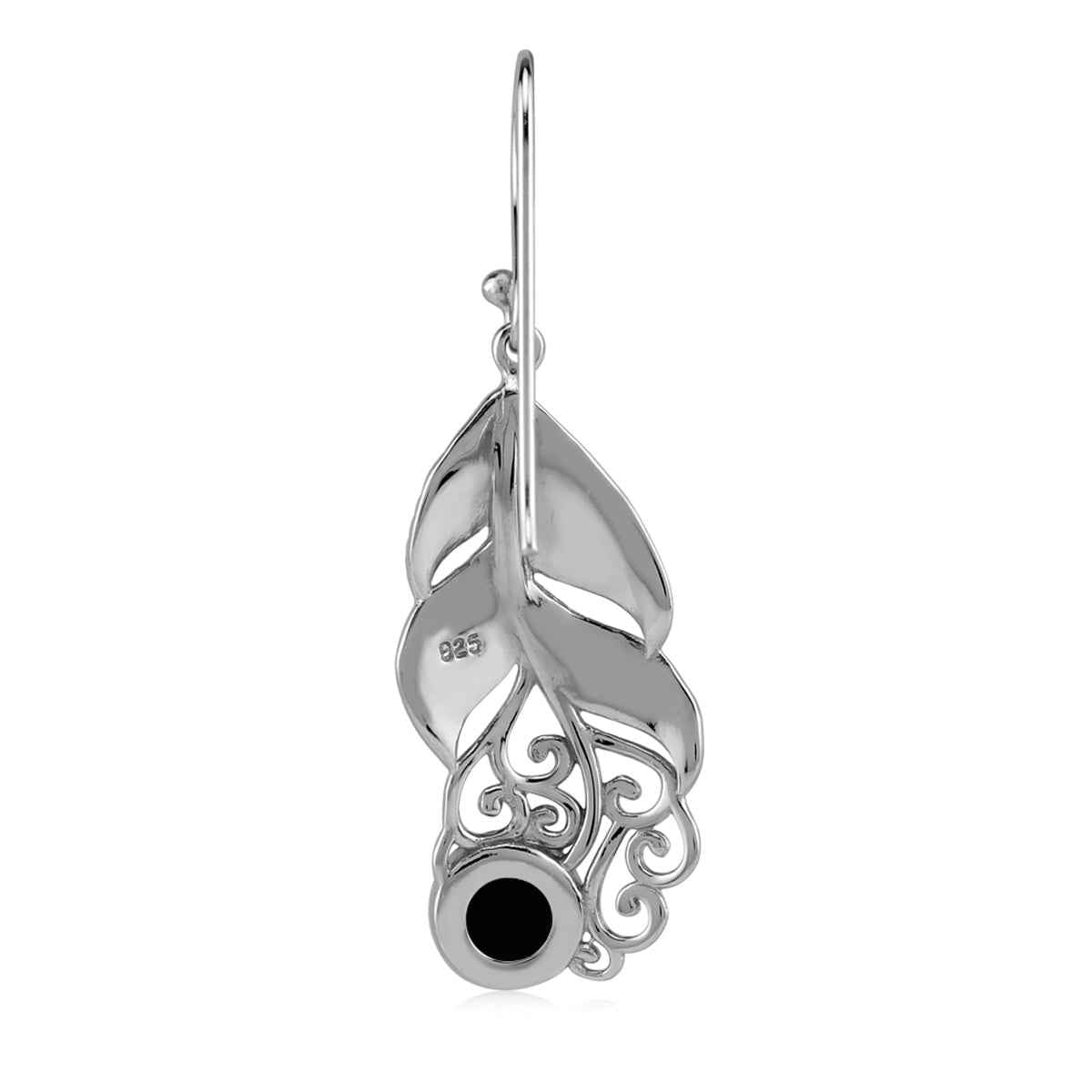 Natural Black Onyx Stone 925 Sterling Silver Feather Victorian Style Dangle Hook Long Earrings