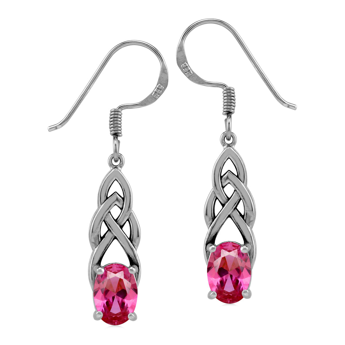 Created Pink Tourmaline 925 Sterling Silver Celtic Knot Weave Dangle Hook Earrings October Birthstone Gemstone - Silvershake-store