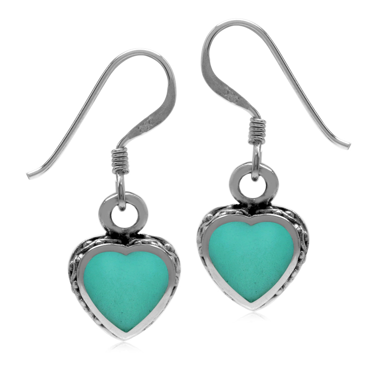 Heart Shape Created Turquoise Inlay 925 Sterling Silver Petite Dangle Hook Earrings Casual Jewelry for Women - Silvershake-store