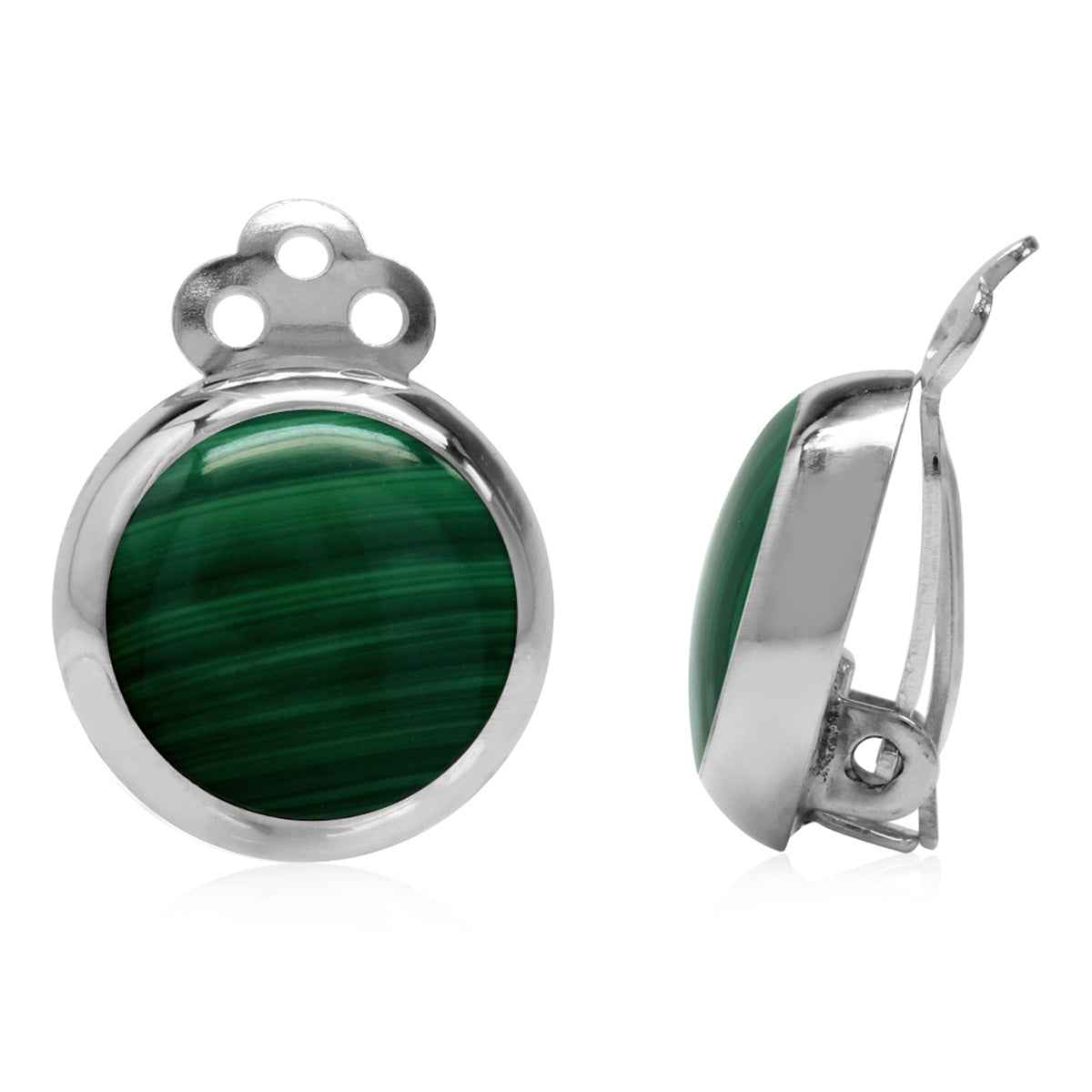 12mm Created Malachite Inlay 925 Sterling Silver Round Disc Clip on Earrings
