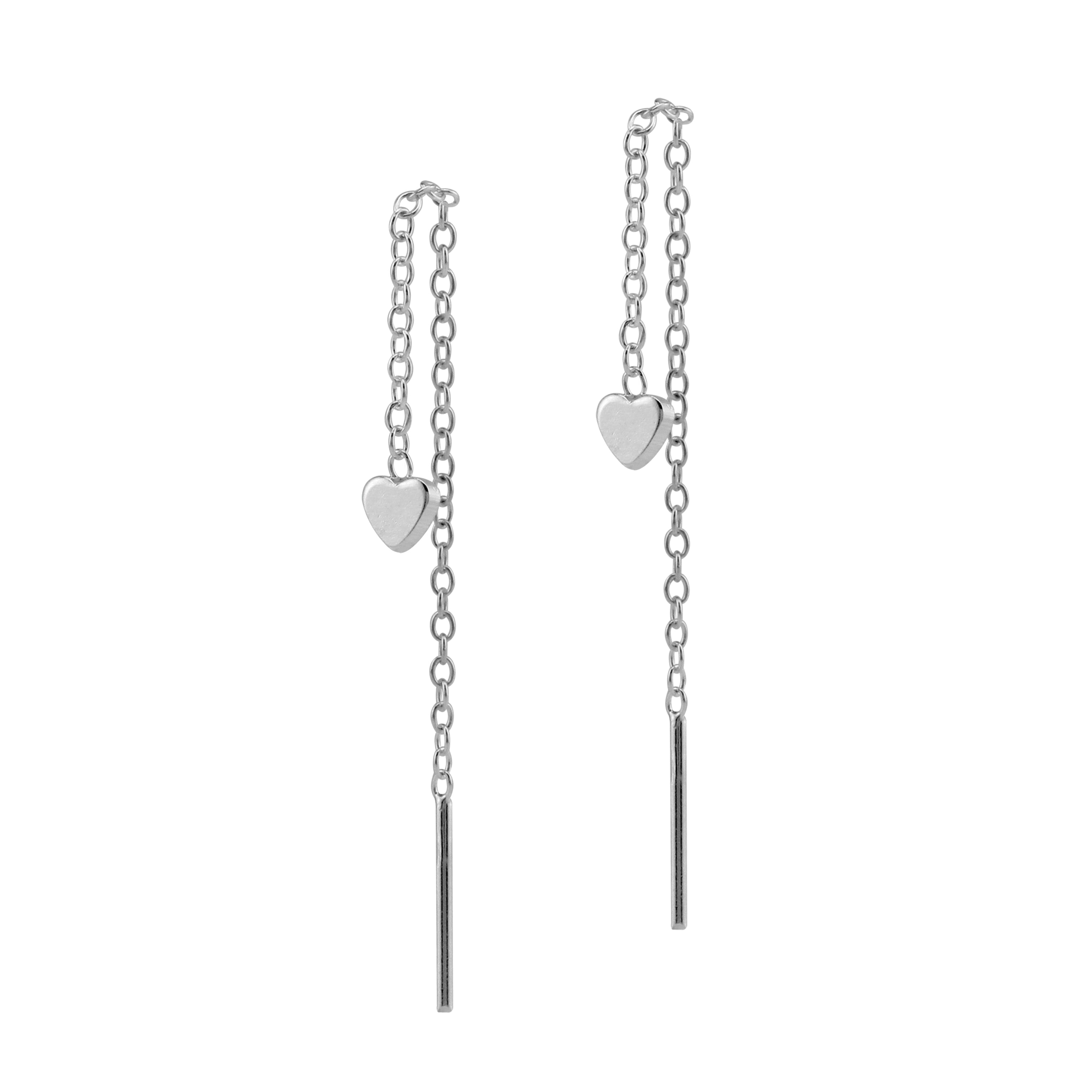 Silvershake Rhodium Plated 925 Sterling Silver Tiny Heart Minimalist Long Chain Threader Earrings Jewelry for Women - Silvershake-store