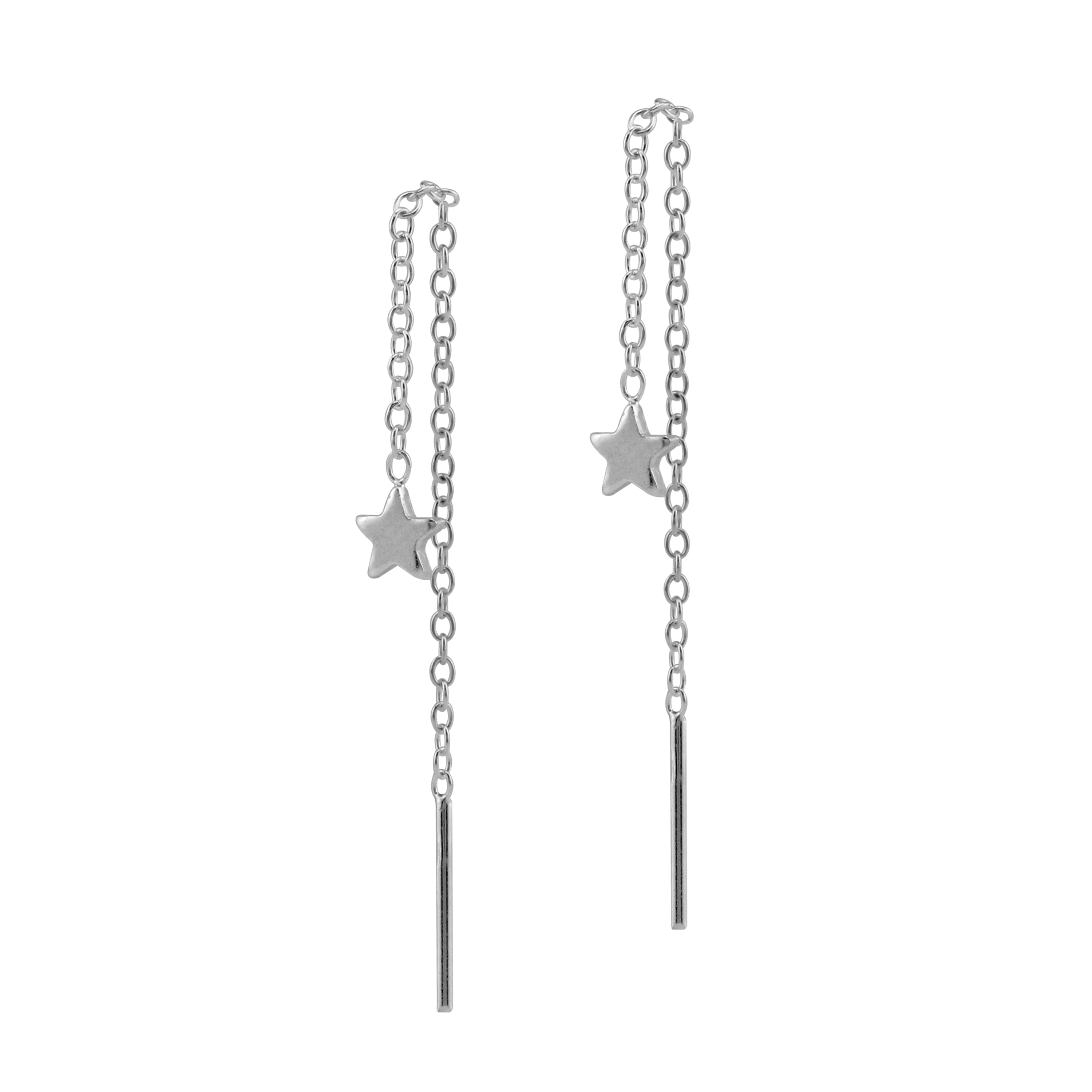Silvershake Rhodium Plated 925 Sterling Silver Tiny Star Long Chain Minimalist Pull Through Threader Earrings Jewelry for Women - Silvershake-store