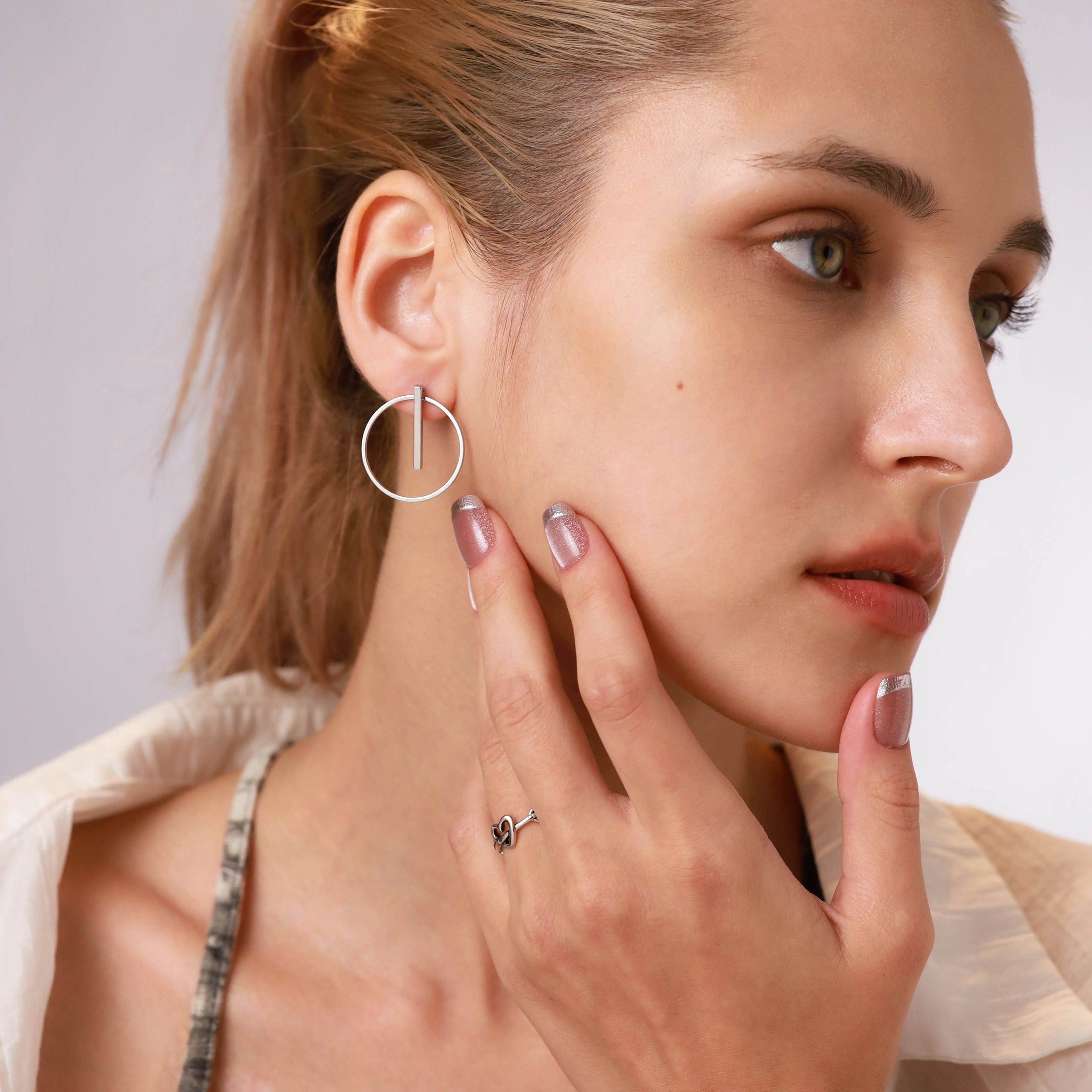 Silvershake 925 Sterling Silver White Gold Plated Geometric Bar and Circle Minimalist Ear Jacket Stud Earrings Jewelry for Women - Silvershake-store