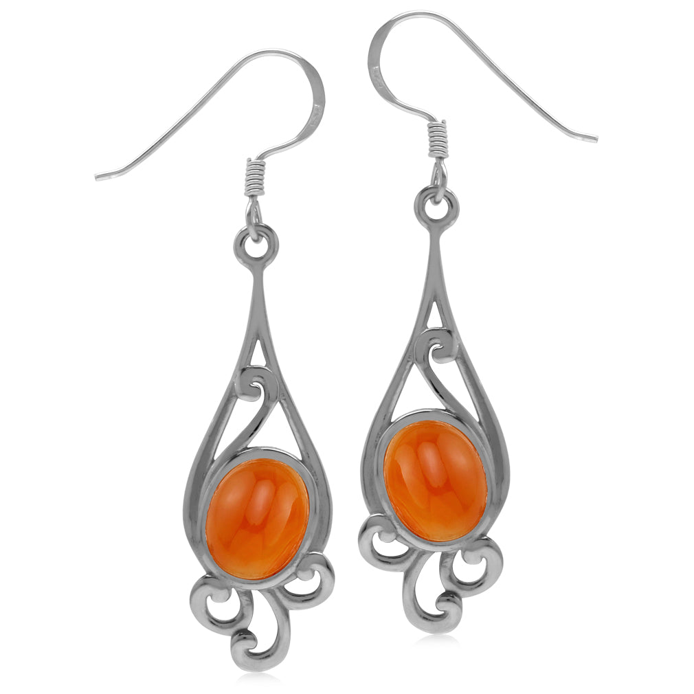 Silvershake 9X7mm Genuine Oval Shape Orange Carnelian 925 Sterling Silver Swirl Drop Dangle Hook Cabochon Earrings Virgo Birthstone - Silvershake-store