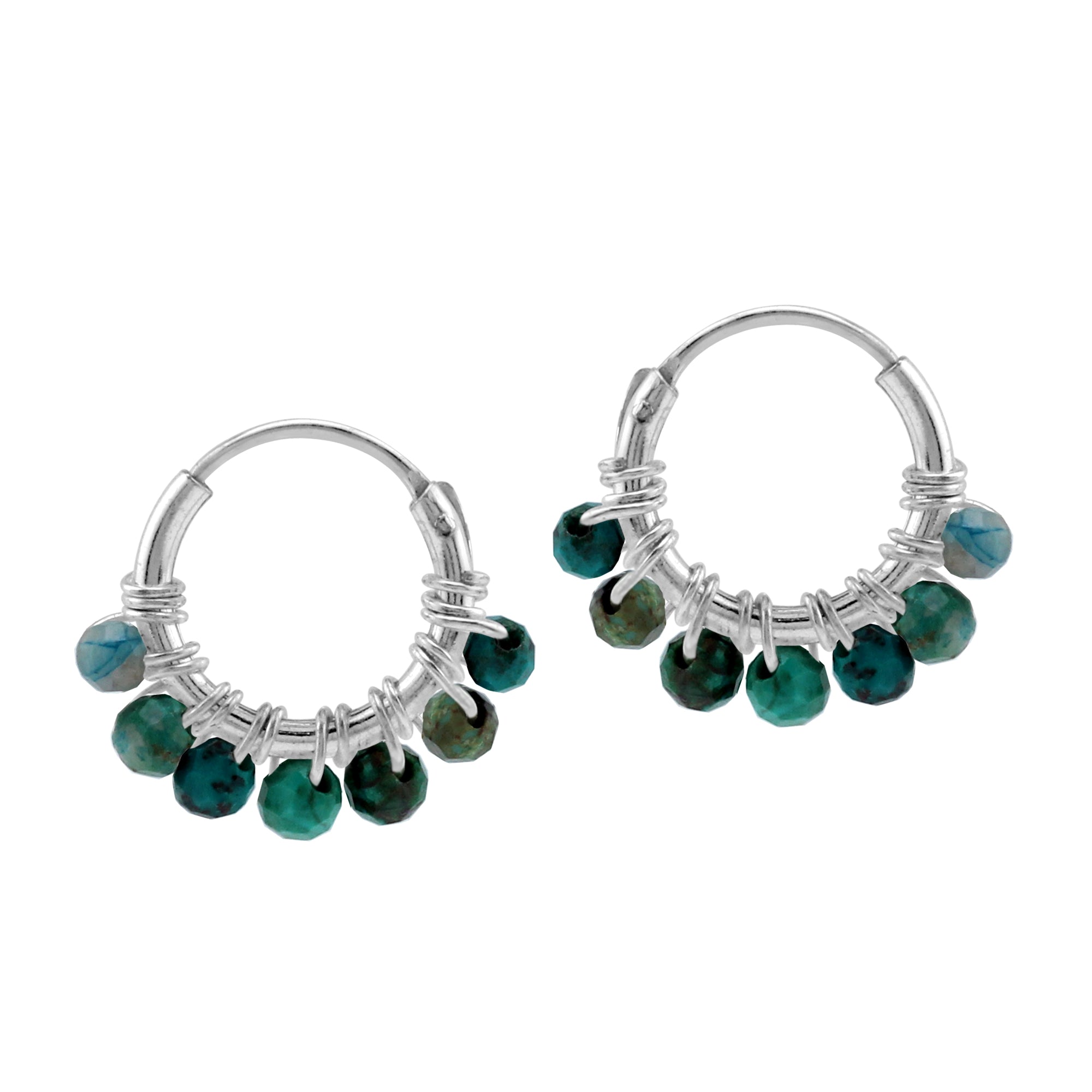 Silvershake Extra Petite 10MMx2MM Natural Chrysocolla Gemstone Bead 925 Sterling Silver Minimalist 0.4 Inch Handmade O-Hoop Earrings Jewelry for Women - Silvershake-store